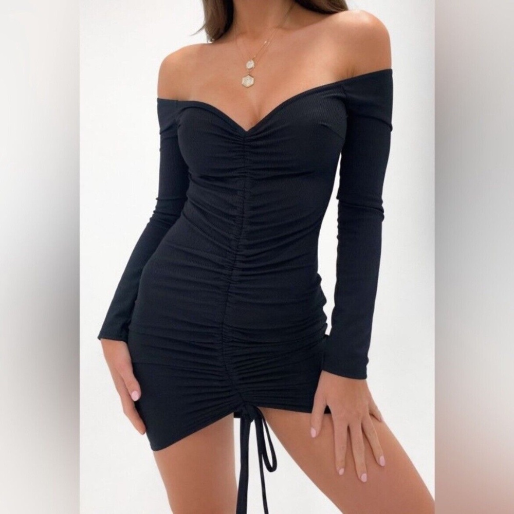 New Missguided Black Rib Ruched Front Long Sleeve Mini Dress Size 0